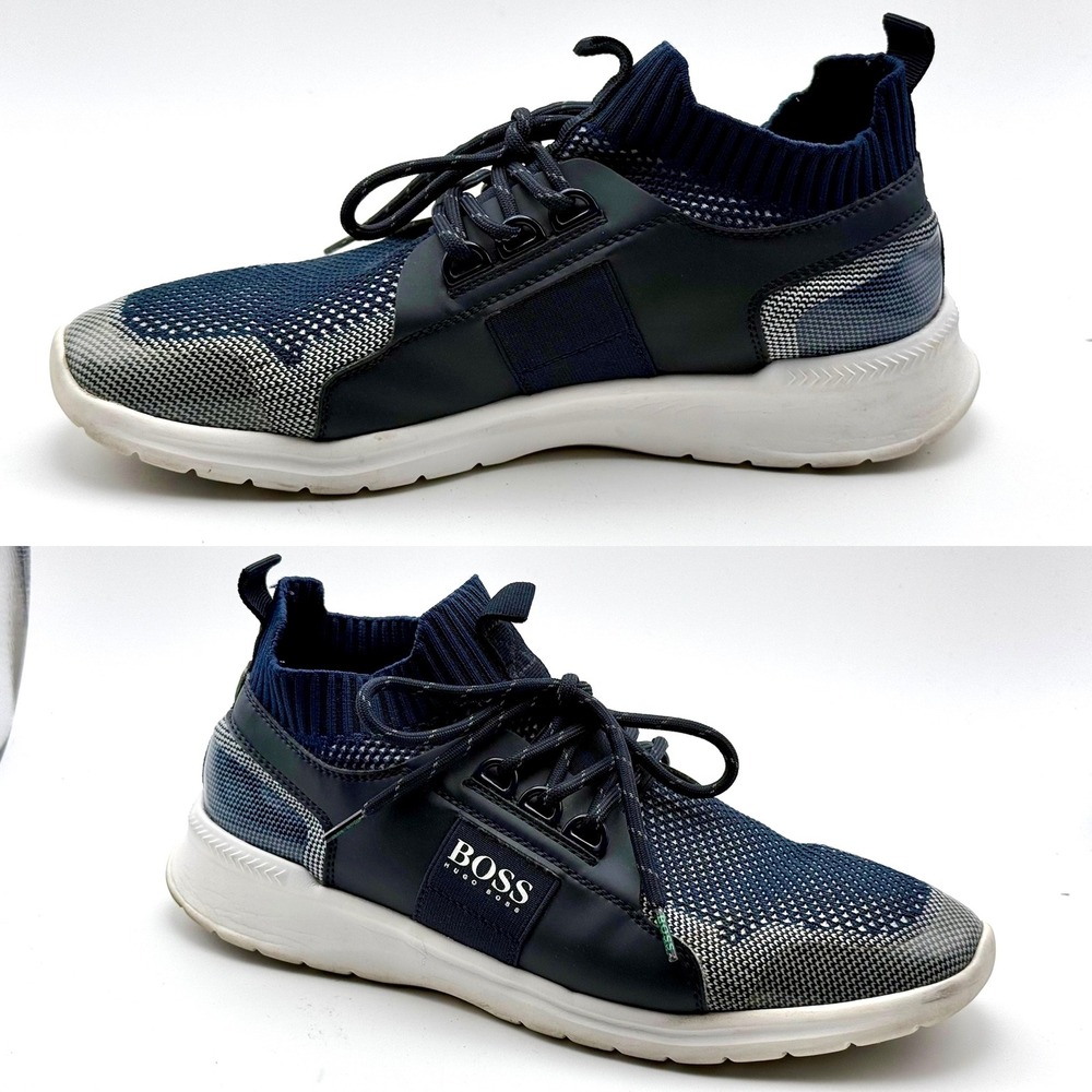 Hugo Boss Titanium Runn Navy Blue Grey Knit Sneakers Mens Size 41